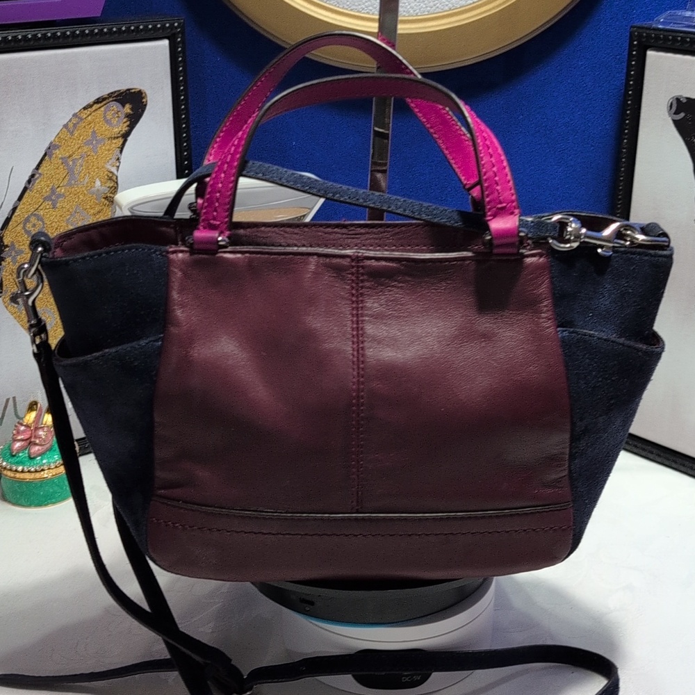 Coach Park Mini Quilted Colorblock In Navy Suede, Wine/ Pink Leather Purse - Picture 10 of 17
